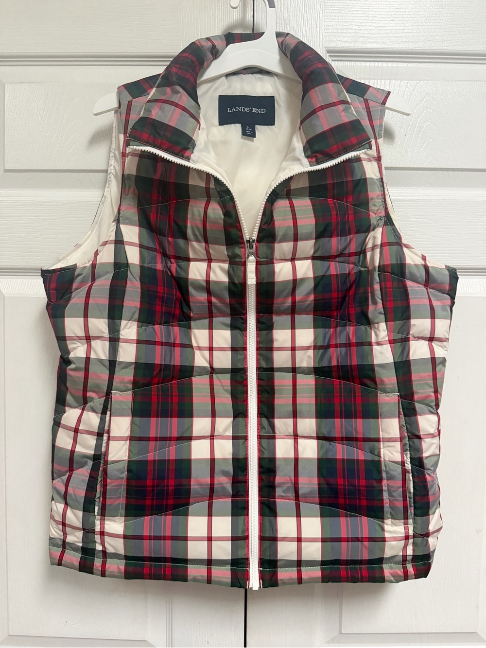 Lands' End Women’s Size L White, Red & Green Plaid Quilted Vest